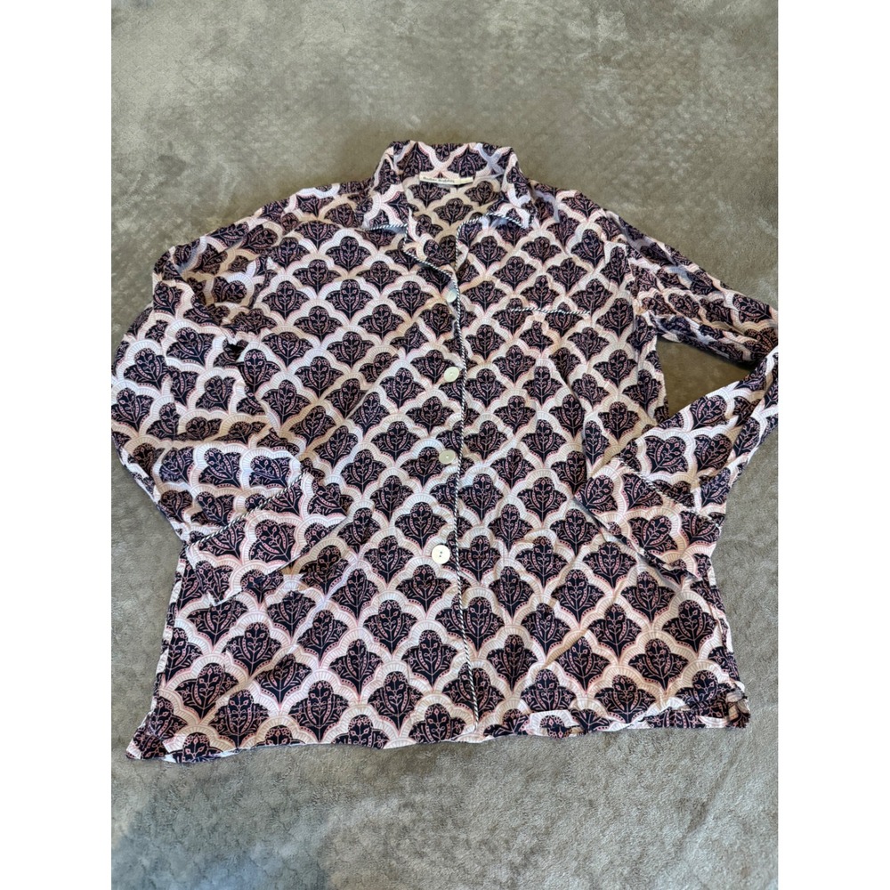 Roller Rabbit Womens Pink Navy Blue Block Print Cotton Pajama Top Size M Long Sl